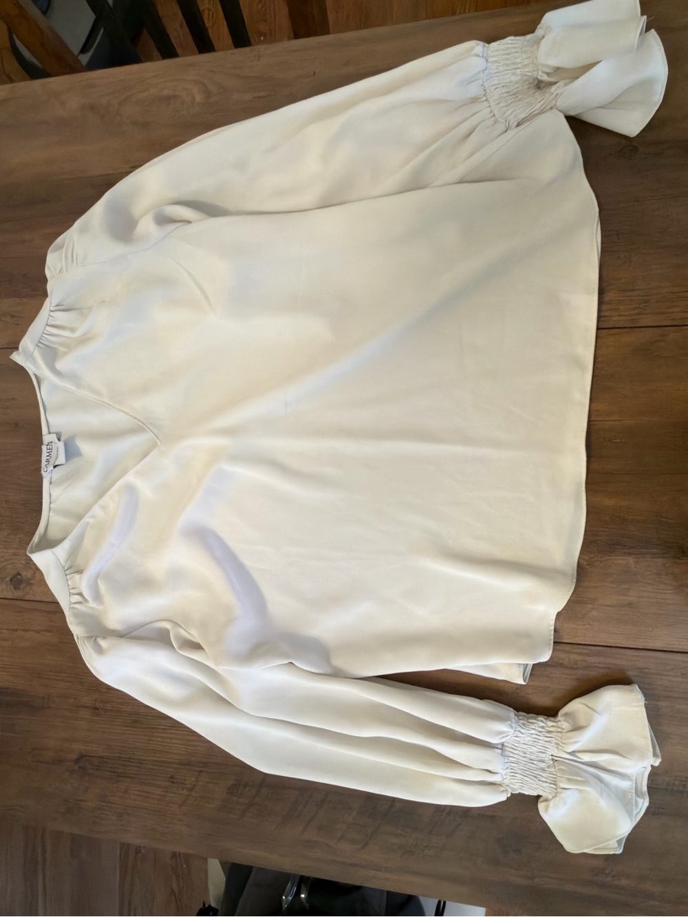 Cream Long-Sleeve Blouse with Smocked Cuffs